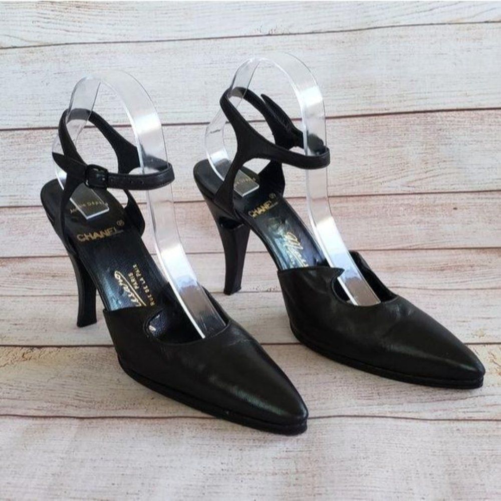 1980's Maison Massaro x Chanel Slingback Heel Black 39 Ankle Strap Pointy Toes